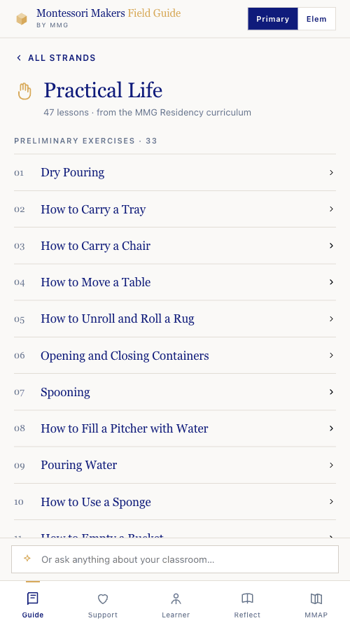 Practical Life — 47 lessons in the Field Guide scope and sequence