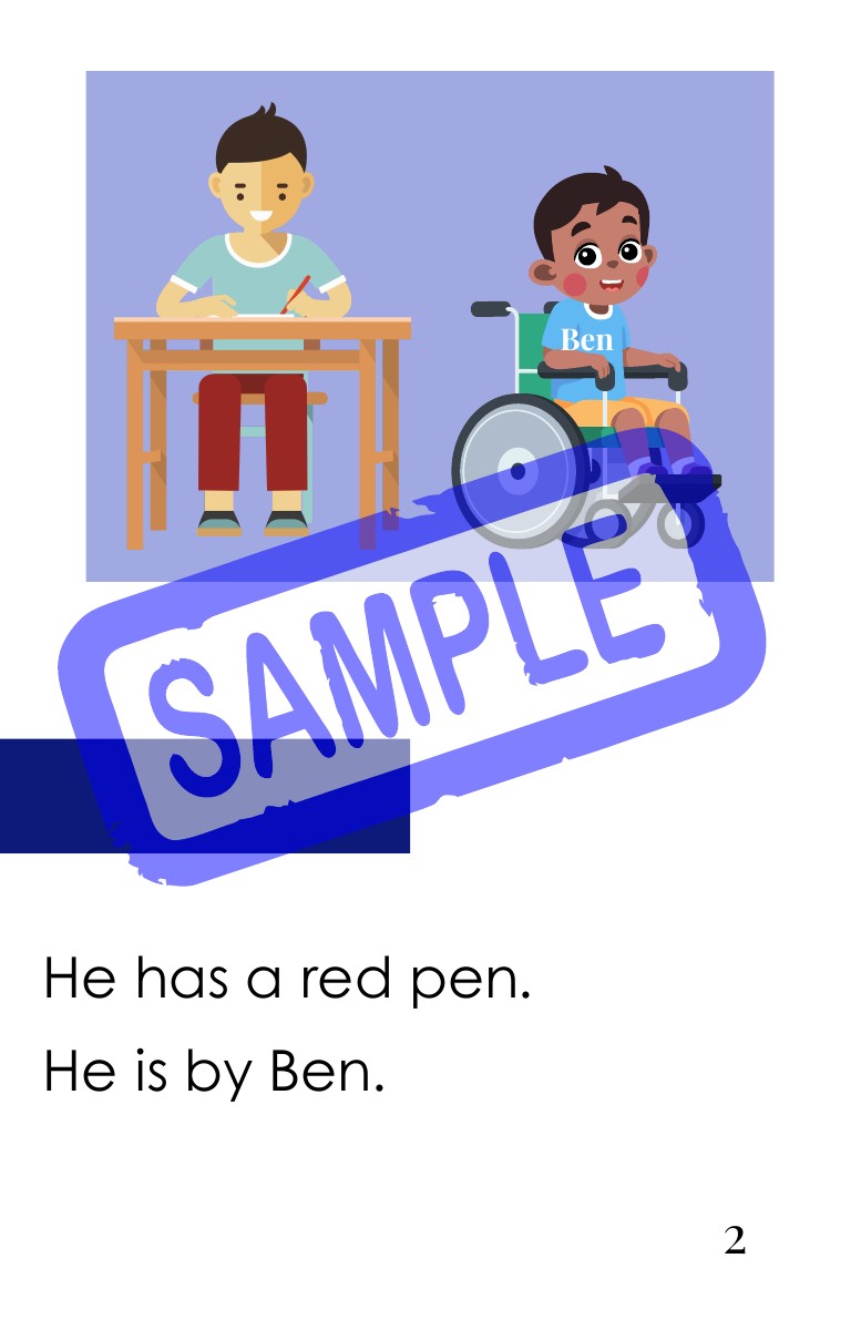 The Hen is Set, page 2. An illustration of two children, one labeled Ben. Text: “He has a red pen. He is by Ben.” Sample watermark.